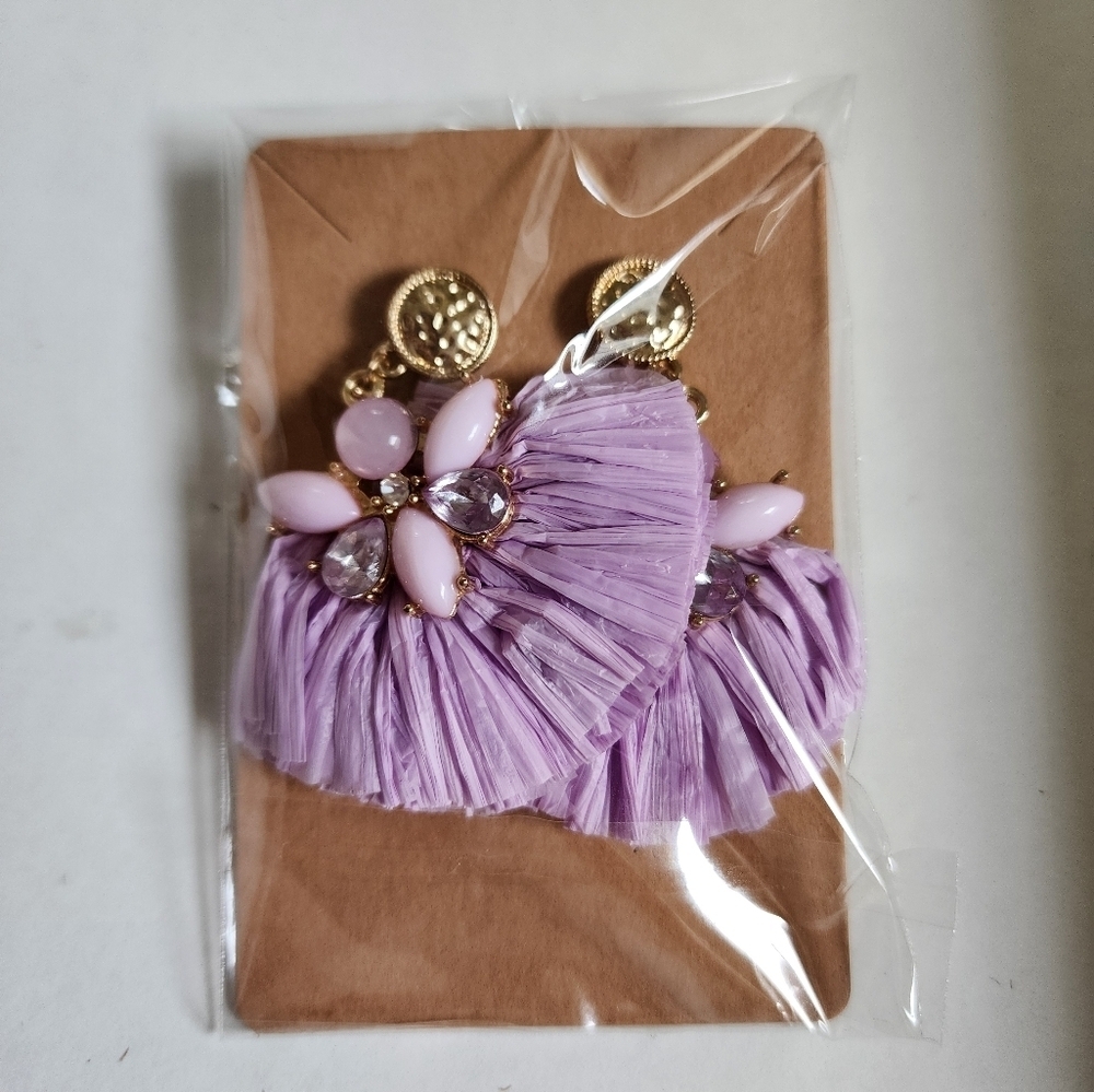 NWOT Paper Purple and Pink Floral Fan Shape Dangling Stud Earrings - Picture 13 of 13